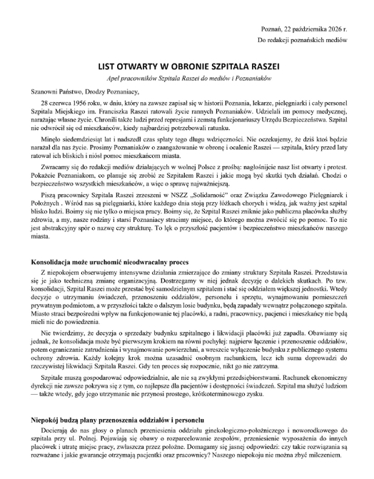 Treść listu od pracowników szpitala im. Raszei.