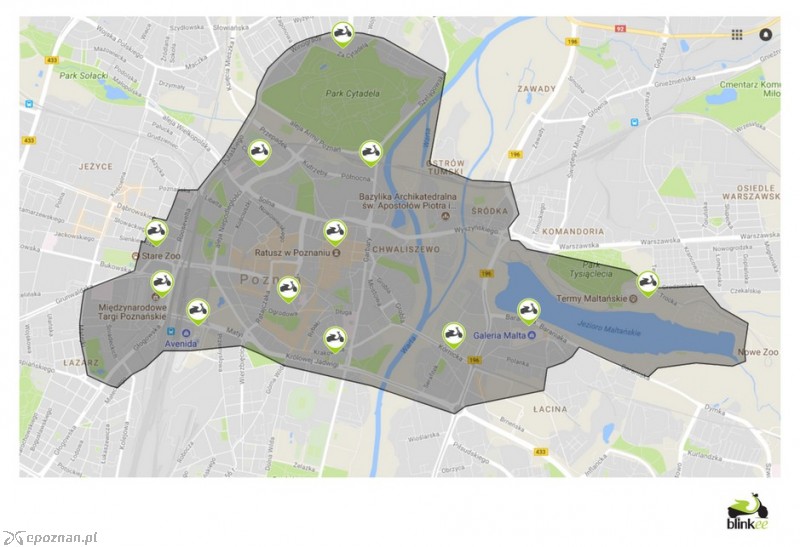Obszar, na którym obecnie można wypożyczyć i oddawać skuter | fot. Blinkee